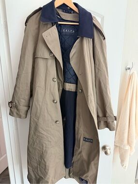 Lauren Ralph Lauren Edmond  Khaki Trench Coat with Navy Trim